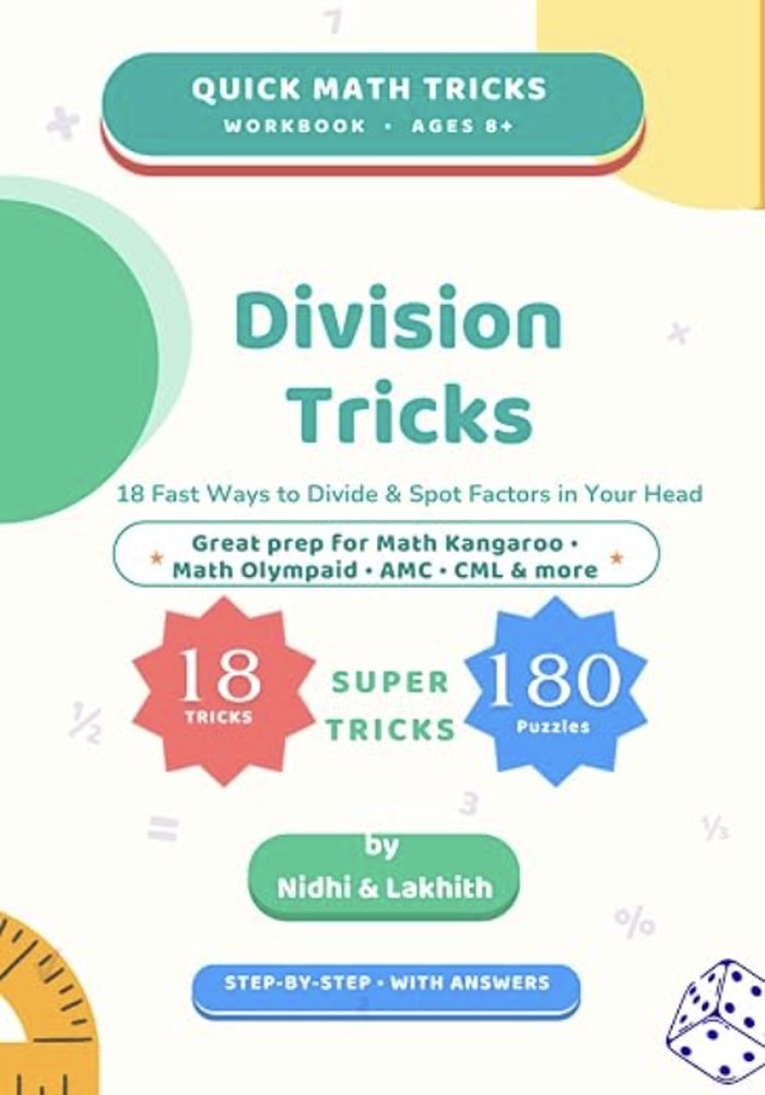 Division Tricks workbook cover — Quick Math Tricks series, ages 8+, 18 tricks and 180 puzzles, by Nidhi and Lakhith.