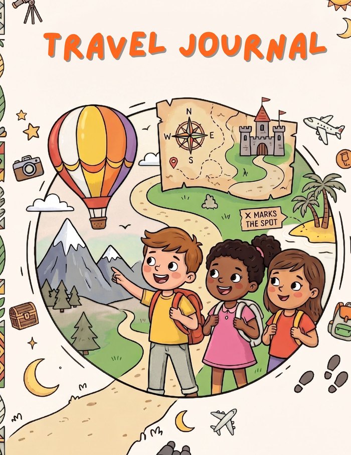 Epic Travel Adventure Journal for Kids cover with children exploring a treasure map, hot air balloon and castle.