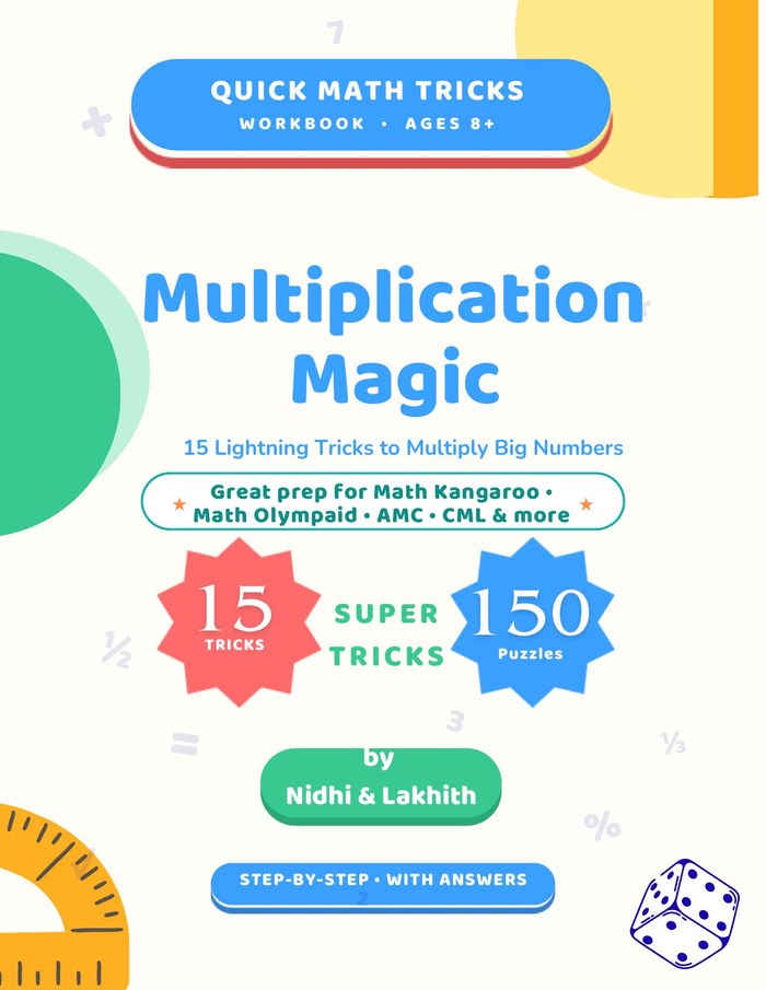 Multiplication Magic workbook cover — Quick Math Tricks series, ages 8+, 15 tricks and 150 puzzles.