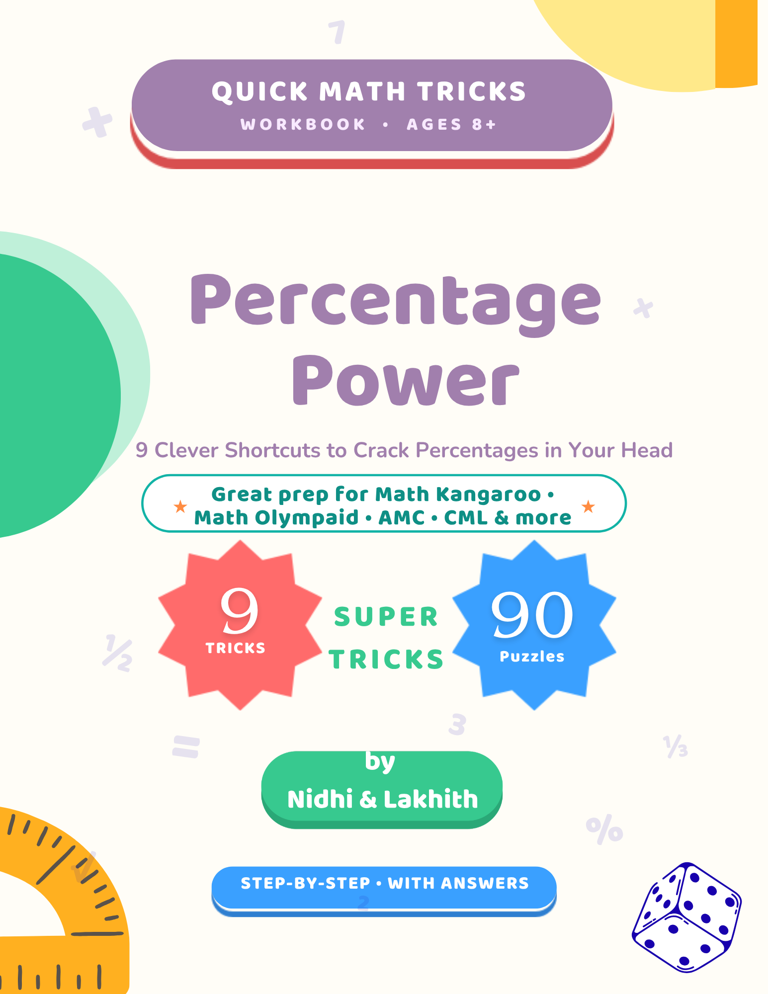 Percentage Power workbook cover — Quick Math Tricks series, ages 8+, 9 tricks and 90 puzzles.