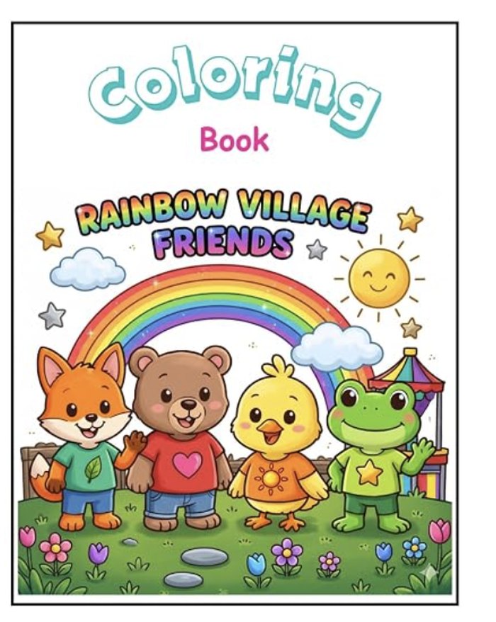 Rainbow Village Friends coloring book cover with cartoon fox, bear, chick and frog under a rainbow.