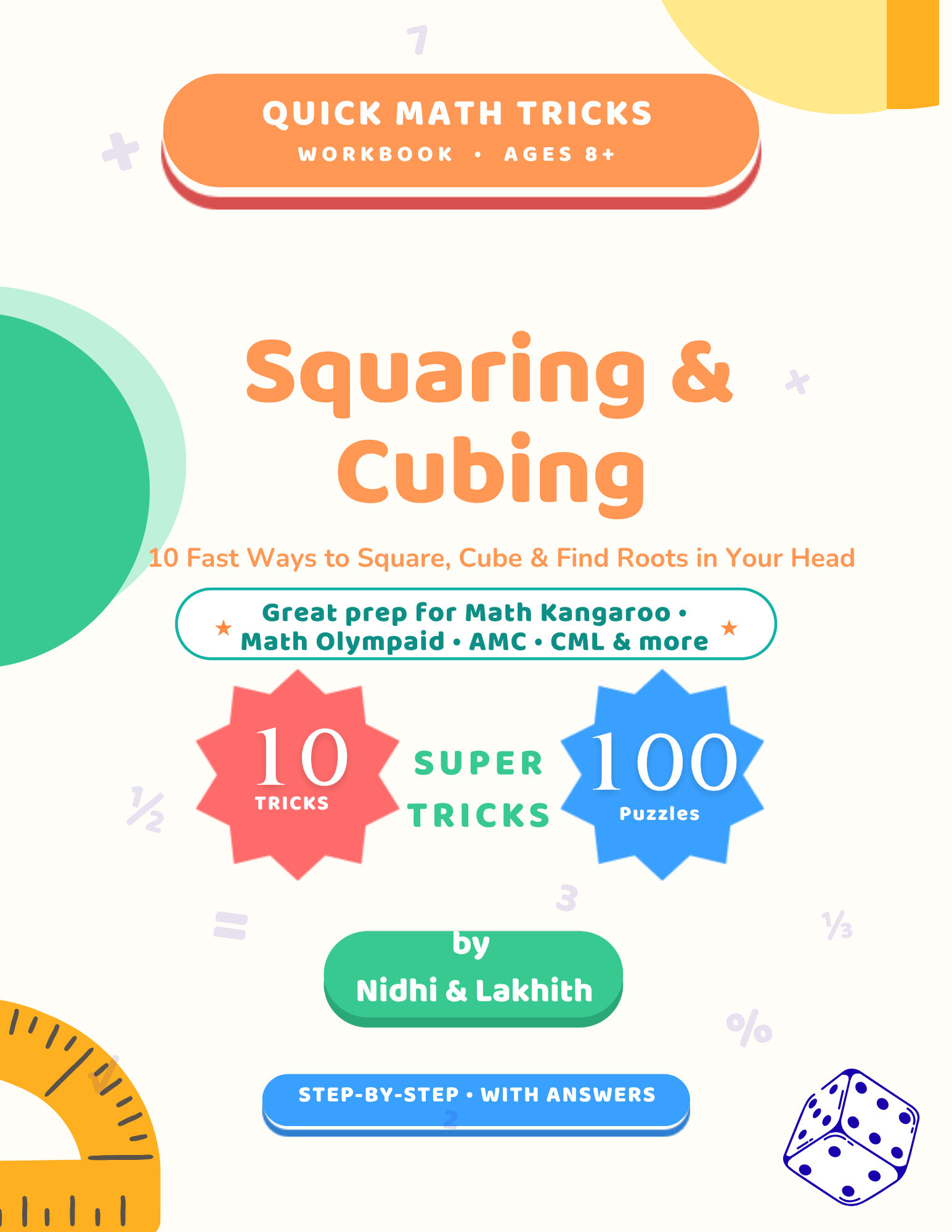 Squaring & Cubing workbook cover — Quick Math Tricks series, ages 8+, 10 tricks and 100 puzzles.