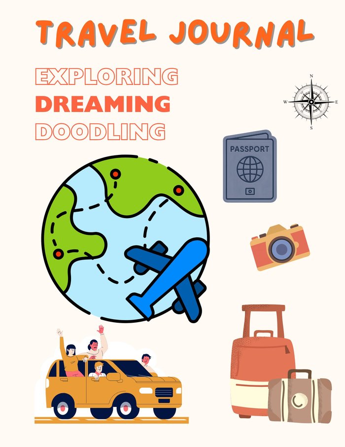 Travel Journal cover — Exploring, Dreaming, Doodling — with globe, plane, passport, camera and luggage.