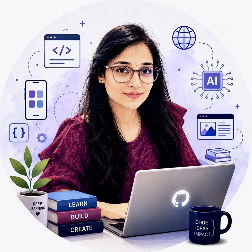 Nidhi Matele — Flutter and web developer, working at a laptop surrounded by code, mobile and AI icons.